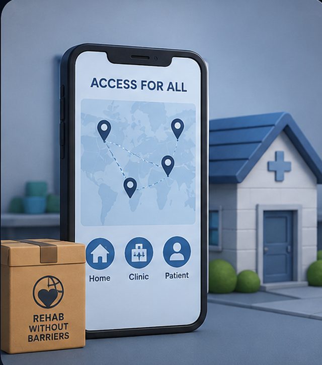 A phone showing home, clinic and patient access options beside a shipping box.